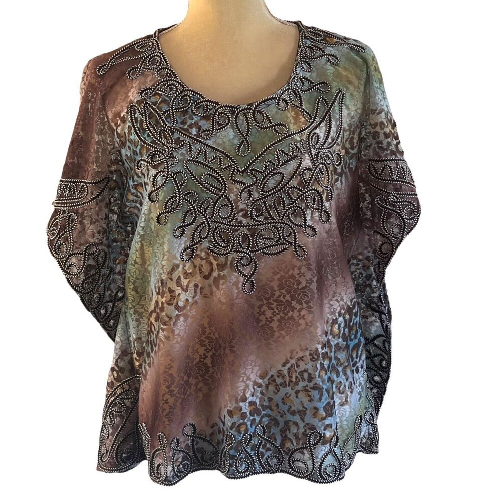 Investments Women's Size Medium Boho Chic Lace Overlay Kimono Top Earthy tones